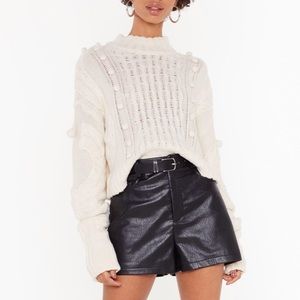 NWT Nasty Gal Pom Pom With The Wind Cable Knit Sweater Cream Ivory White Small